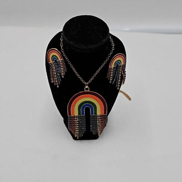 Rainbow Sparkling Gemstones Asymmetrical Earrings Matching Necklace‎ - Picture 1 of 9
